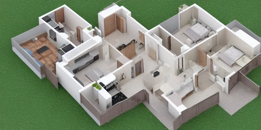 Image similar to 3 d floor plan of a one bedroom apartment, top view, realistic, detailed