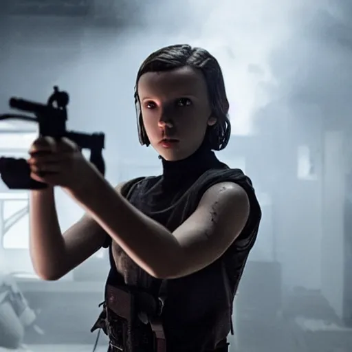 Prompt: Millie Bobby Brown as the Terminator, movie still, dramatic, dark, bloody, doomsday