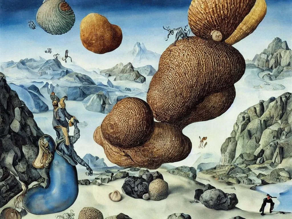 Prompt: Man riding a giant strange snail-like creature an icy alien planet. Giant seashells rocks, mountains. Iridescent insects. Painting by Lucas Cranach, Salvador Dali