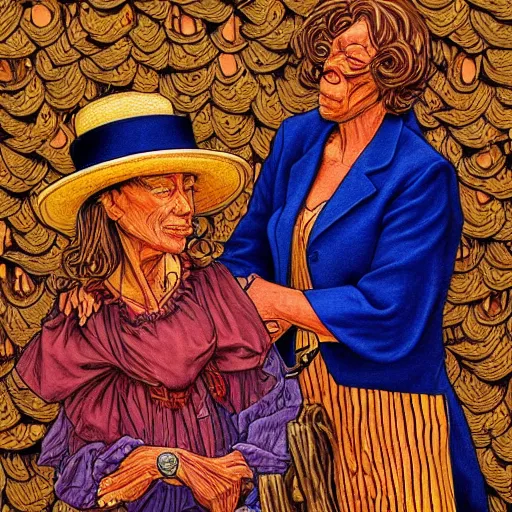 Prompt: yo mama is so poor ducks throw bread at her, rennaissance masters portrait, jean giraud portrait, intricate details