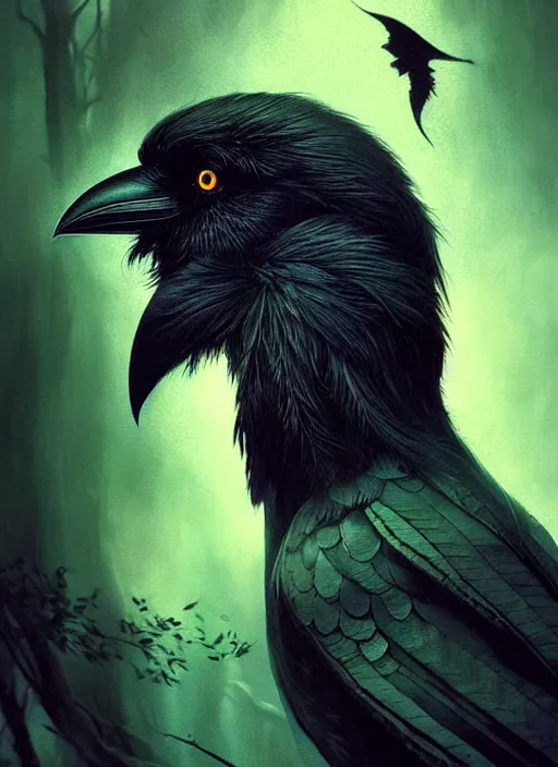 Image similar to side portrait dark crow (animal), close-up, fantasy forest landscape, moonshine, fantasy magic, nice black feather, proud, green dark light night, intricate, elegant, sharp focus, illustration, highly detailed, digital painting, concept art, matte, art by WLOP and Artgerm and Greg Rutkowski and Alphonse Mucha, masterpiece