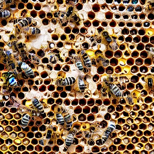 Prompt: microscopic image of bees building their hive, high resolution, 4 k