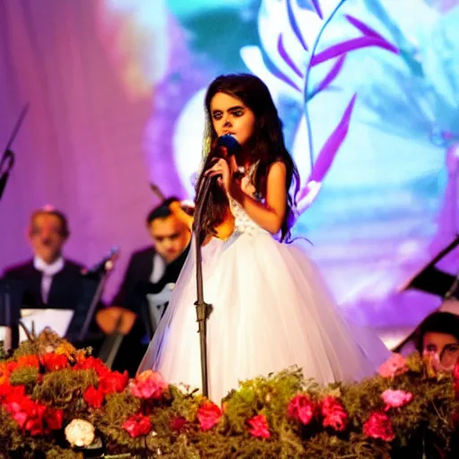 Prompt: Angelina Jordan singing on stage with a bouquet of flowers in her hair