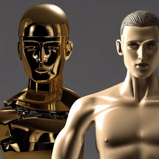 Image similar to a realistic detailed photo of a guy who is an attractive humanoid who is half robot and half humanoid, who is a male android, attractive and handsome soccer players, shiny skin, posing like a statue, blank stare, in a factory, on display, showing off his muscles, gold soccer shorts, side view, looking at each other mindlessly