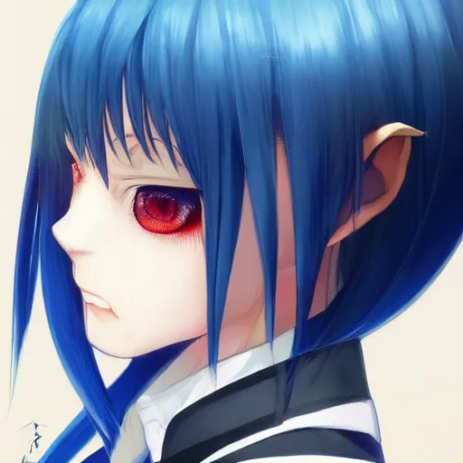 Image similar to profile shot of rimuru tempest, sky blue, straight hair, long bangs, amber eyes, wearing a black jacket!! with white stripes, high collar, highly detailed, unreal engine 5, digital painting, cinematic, wlop | artgerm, pixiv, yoshitaka amano, greg rutkowski, ilya kuvshinov, andy warhol