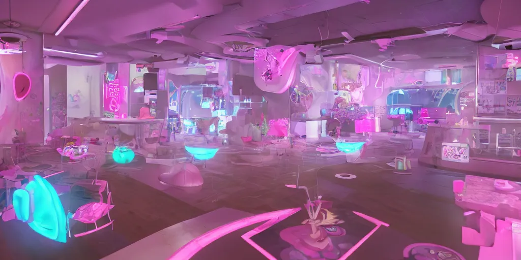 Prompt: kawaii gaming cafe in daylight, overwatch, Pink pastel, pink neon lights, Little planet, An Odyssey Beyond Reality, cinematic, hyper realism, high detail, octane render, unreal engine, 8k, vibrant color, from the spirals of galaxies to the hexagonal shapes of snow crystals!, a desolate alien world full of rich colors!!, unique architecture, by andrea chiampo and chet zar