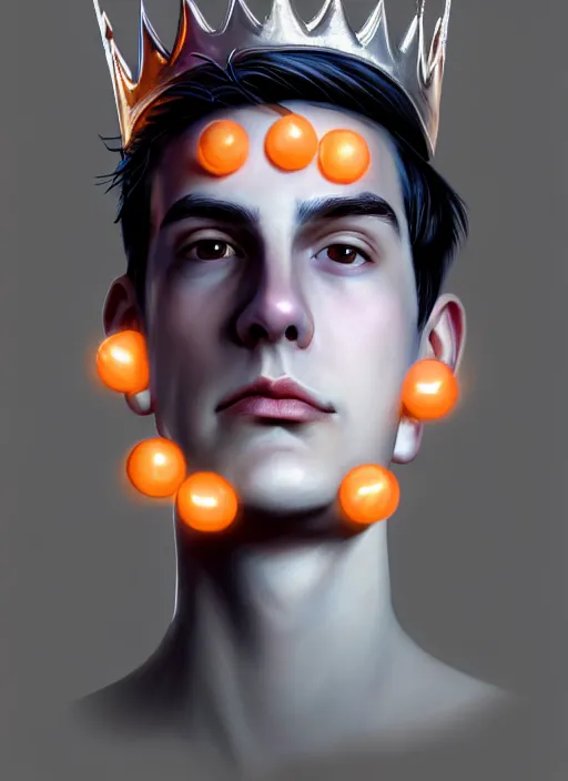 Image similar to portrait of teenage jughead jones wearing a light grey crown, crown, hamburger background, eyes closed, crown, black hair, orange, intricate, elegant, glowing lights, warm lighting, highly detailed, digital painting, artstation, concept art, smooth, sharp focus, illustration, art by wlop, mars ravelo and greg rutkowski