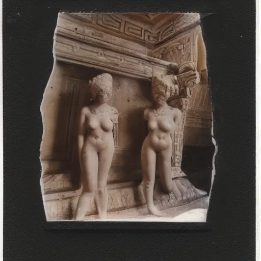 Prompt: Polaroid photo of fragmented greek sculpture of three idealized female inside a temple