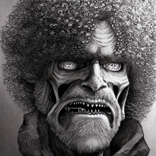 Image similar to a stunning depiction of an undead bob ross by kentaro miura, hyper - detailed masterpiece