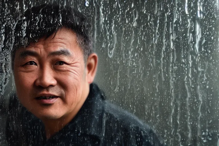 Prompt: a cinematic headshot portrait of a middle aged asian man, through a steamed up window, movie still, ocean background, waves, rain, dramatic lighting, back light, hair light, rim light, 4 k, ultra realistic