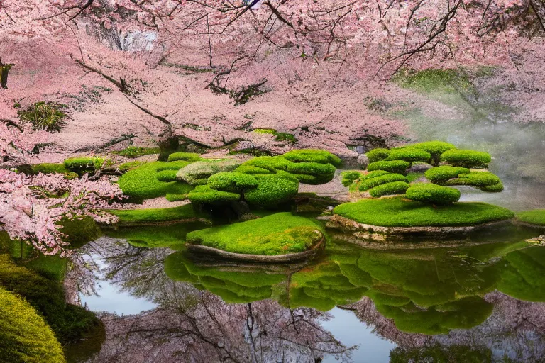 Prompt: masterpiece photography of a japanese garden landscape, with a pond and sakura trees, sakura flowers in the wind, scattered clouds on the horizon, during spring, atmospheric effects, light fog, dawn rays of light, bokeh, by Lee Madgwick or Caspar David Friedrich or Édouard Manet, Trending on artstation, spring, dawn color scheme, soft colors