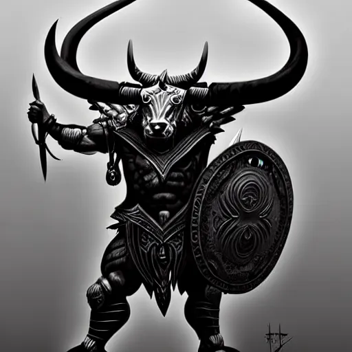 Image similar to epic bull headed minotaur beast in heavy ornate armor wielding giant axe, artwork, concept art, greek mythology, detailed, modern design, dark fantasy, digital painting, artstation, d&d