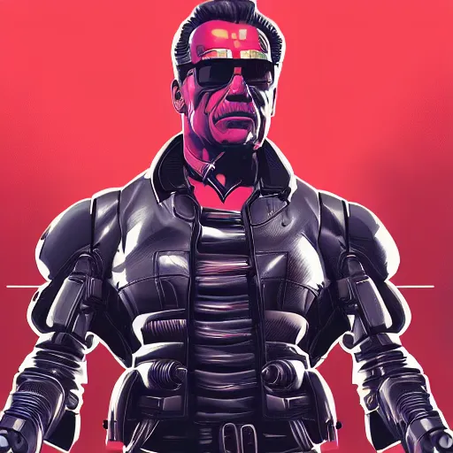 Image similar to cyberpunk arnold schwarzenegger as the leader of a futuristic communist society, cybernetics, sharp lines, digital, artstation, colored in