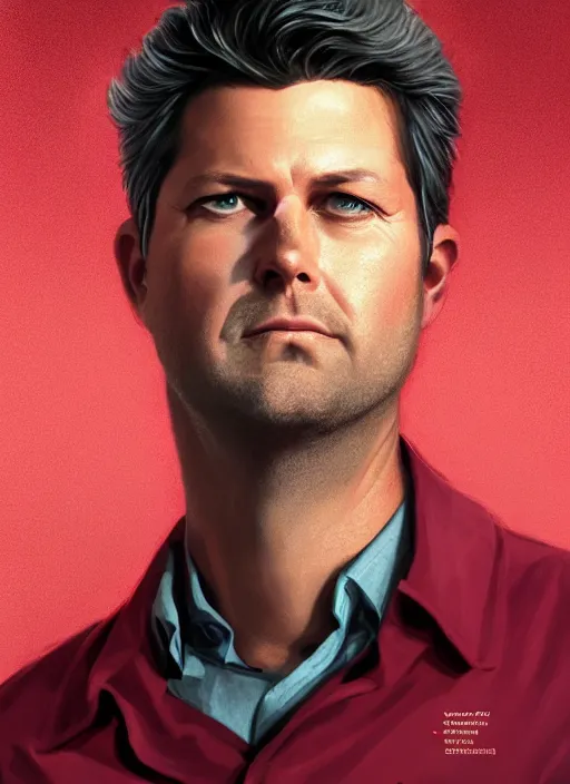 Prompt: portrait Adam Scott in Severance (2022), highly detailed, centered, solid color background, digital painting, artstation, concept art, smooth, sharp focus, illustration, Basil Gogos, Joseph Christian Leyendecker, Les Edwards, Ed Repka, WLOP, Artgerm