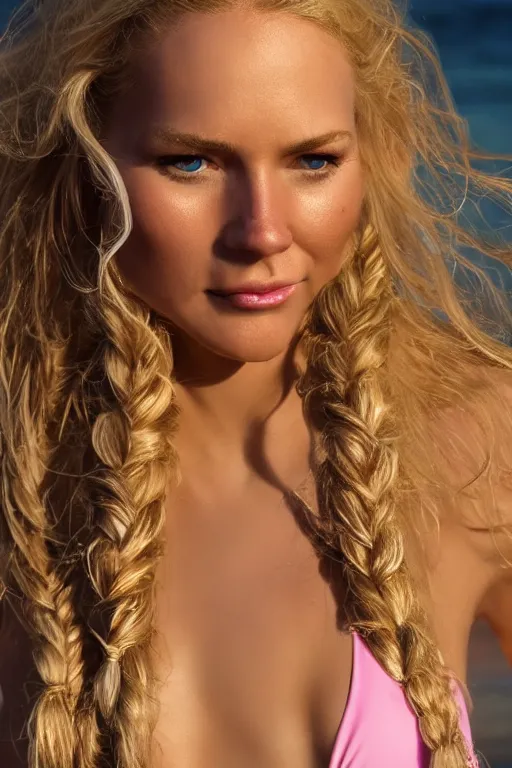 Prompt: a very beautiful Donald Trump, full body, long braided curly blonde hair, twisted braids, golden watery eyes, full round face, short smile, pale pink bikini, serene beach setting, cinematic lightning, medium shot, mid-shot, highly detailed, trending on artstation, Cryengine, Raytracing, 4k, cinematic wallpaper by Mort Kunstler, Gil Elvgren, Robert Maguire, Rudolph Belarski, Samson Pollen, Victor Prezio, and Mort Drucker