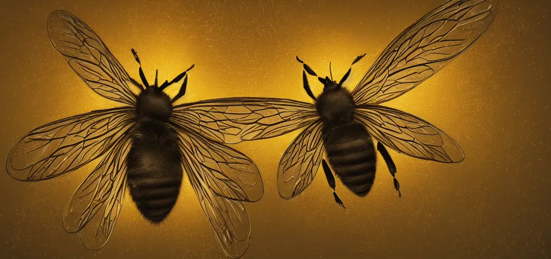 Image similar to An epic, ornate, highly detailed painting of a bee with back-lit translucent glowing angels wings, rim light, volumetric lighting, octane render, 8k