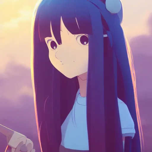 Image similar to a wholesome animation key shot of a girl with a raccoon tail and long dark blue hair, medium shot, studio ghibli, pixar and disney animation, sharp, rendered in unreal engine 5, anime key art by greg rutkowski, bloom, dramatic lighting, trending on artstation