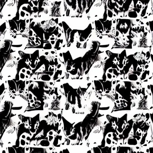 Prompt: artwork of a lot of cats camouflage together
