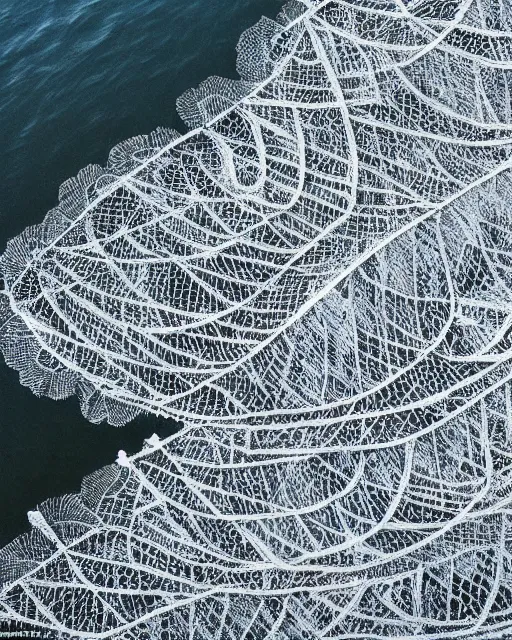 Image similar to the wake of a boat, made of intricate decorative lace leaf skeleton, shot from a drone, in the style of the dutch masters and gregory crewdson, dark and moody