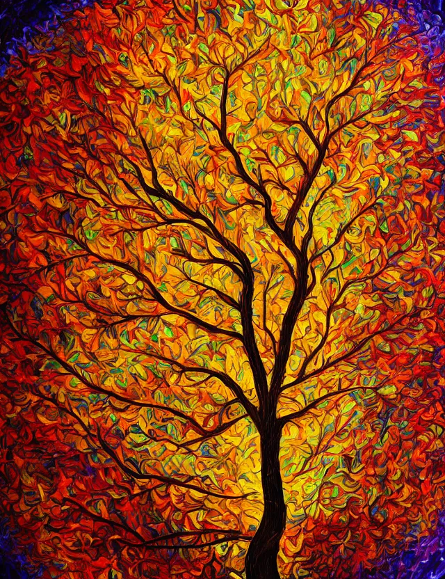 Image similar to tree of knowledge erudite gnostic wisdom, golden boughs and roots, celestial skies and lambent clouds, oil painting award winning, chromatic aberration bright colors