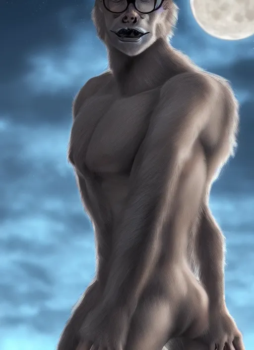 Prompt: guy with short blonde hair and glasses turning into a werewolf, full moon in the background, digital art, photorealistic, highly detailed, trending on artstation