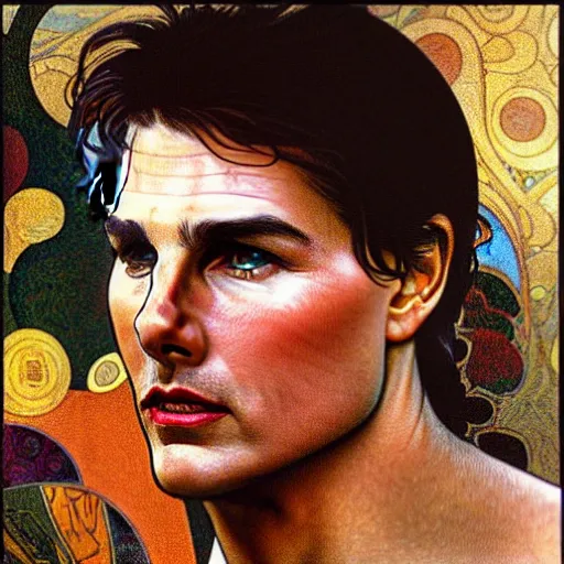 Image similar to detailed art of Tom Cruise, by Alphonse Mucha and Gustav Klimt