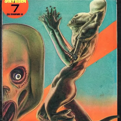 Image similar to 70s magazine scan of an horror movie with alien