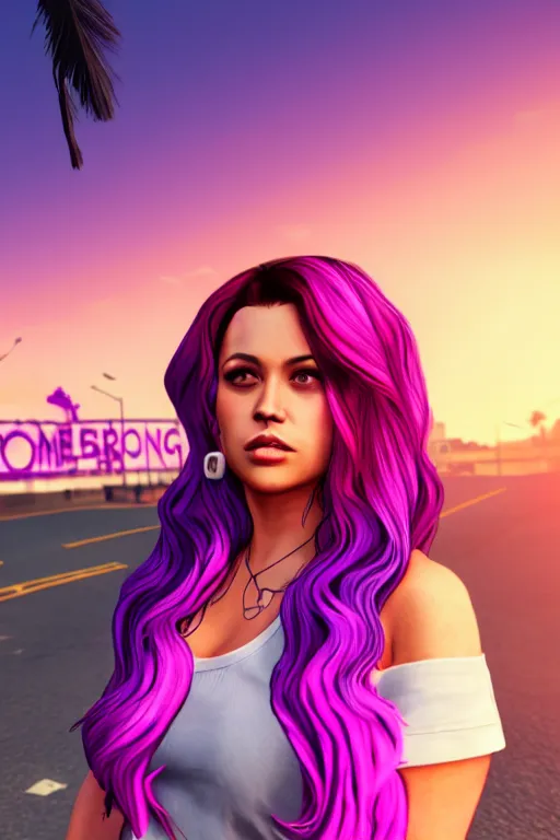 Image similar to a stunning GTA V loading screen with a beautiful woman with ombre purple pink hairstyle, hair blowing in the wind, sunset mood, outrun, vaporware, retro, digital art, trending on artstation