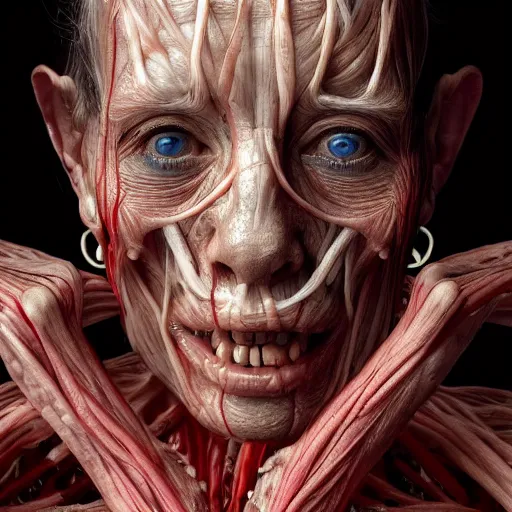 Image similar to female human with translucent skin, visible muscles and veins and arteries and bones and spine and nerves, beautiful detailed intricate insanely detailed octane render, 8K artistic photography, photorealistic, chiaroscuro, by David Cronenberg, Raphael, Caravaggio