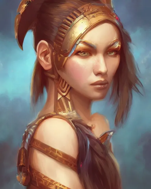 Prompt: a portrait of a beautiful female warrior by Ross Tran, James Jean