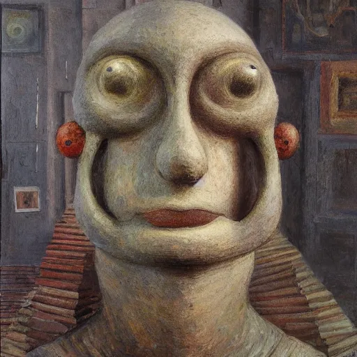 Image similar to a detailed, impasto painting by shaun tan and louise bourgeois of an abstract forgotten sculpture by ivan seal and the caretaker ( 1 8 9 0 )