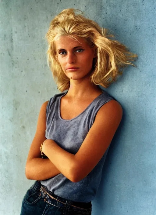 Prompt: photograph of an olive skinned blonde female model in her late twenties, her hair pinned up, wearing a designer top, looking content, photographed by steve mccurry