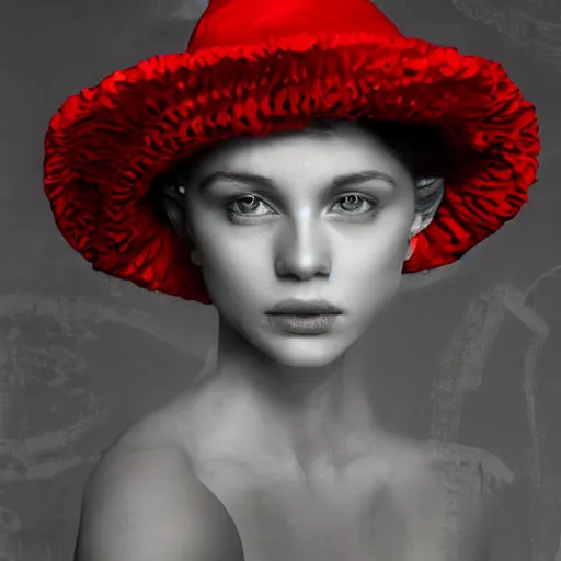 Prompt: length portrait of girl in a red hat and black dress, fine art portrait photography by paolo roversi, volumetric lighting, very detailed, high resolution,