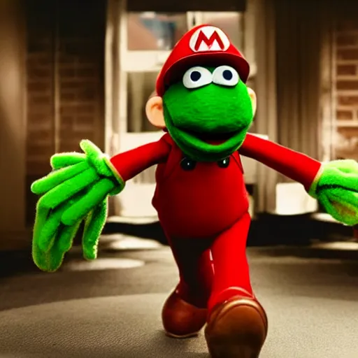 Image similar to A full body still of Mario as a muppet, photo real, photographic, photograph, artstation, trending, award winning, epic lighting, featured