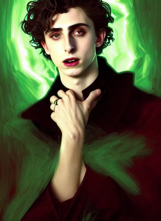 Prompt: portrait of timothee chalamet as a vampire lord, greek, emerald, intricate, headshot, highly detailed, digital painting, artstation, concept art, sharp focus, cinematic lighting, illustration, art by artgerm and greg rutkowski, alphonse mucha, cgsociety