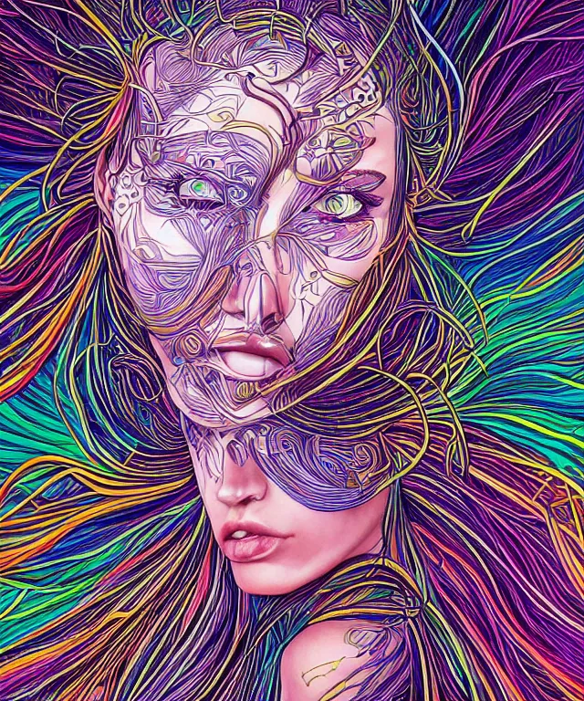 Prompt: A epic illustration of beautiful woman energetic symmetrical portrait by Michael Sydney Moore, Alex Grey, hyper detailed, 50mm, award winning photography