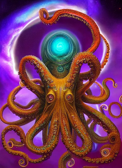 Image similar to octopus god within the whole infinite time capsule apparent with awe the apparition, an idea drips into infinite spirals, highly detailed in volumetric latent space, golden turquoise purple futuristic steampunk, galaxy mandalas mandelbrot high contrast cinematic light, mystical shadows, visionary art sharp focus, divine realm of gods, octane render, artist by boris vallejo,