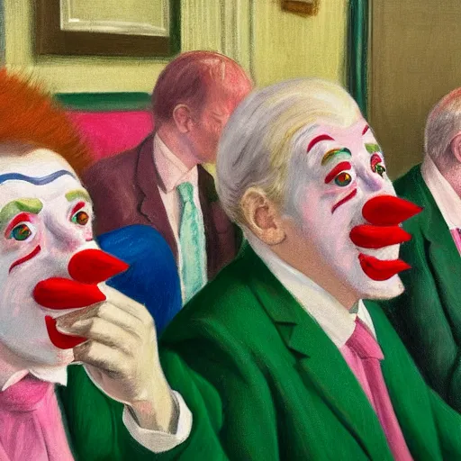 Image similar to a highly detailed beautiful portrait close up hyper realistic photograph of british members of parliament in the house of commons wearing pastel coloured clown costumes with pleasant oversized joyful faces, they are smoking. without visible brushstrokes but in the style of edward hopper, richard hamilton. concept art. green leather benches. photographic. concept. crisp. no artefacts. desaturated. high fidelity facial portrait. 8 k