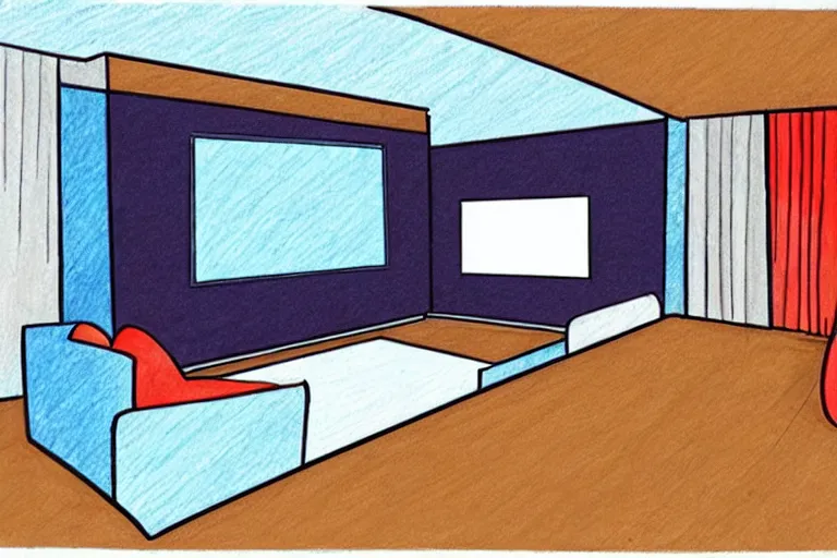 Image similar to a modern home movie theater, sleek, comfortable, stylish decor, designed by martyn lawrence bullard, color pencil sketch illustration