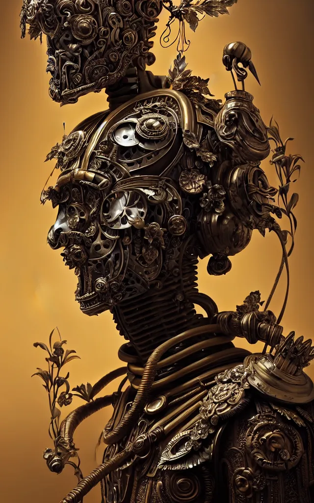 Prompt: 3 d close - up portrait of the retro futuristic robot in vintage death beath mask in madmax style clothes and crown overgrown with orchid flowers and giant gladiola flowers, intricate, elegant, surrounded by smoke and burning. translucent nautilus, highly detailed, by wlop, tooth wu, greg rutkowski, alena aenami