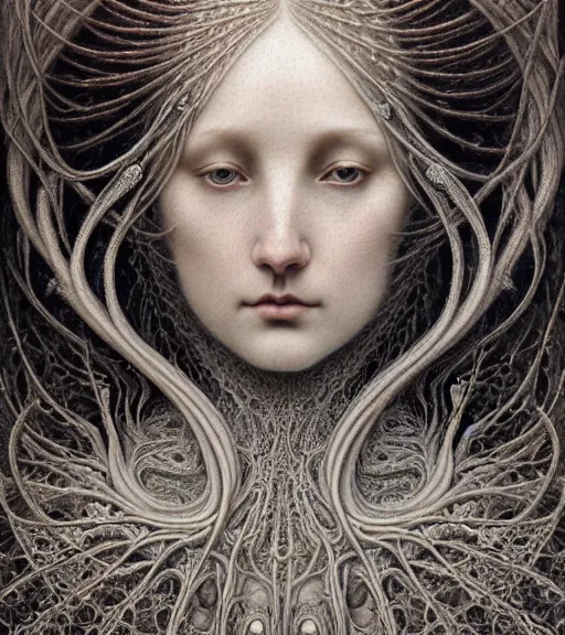 Image similar to detailed realistic beautiful winter goddess face portrait by jean delville, gustave dore, iris van herpen and marco mazzoni, art forms of nature by ernst haeckel, art nouveau, symbolist, visionary, gothic, neo - gothic, pre - raphaelite, fractal lace, intricate alien botanicals, ai biodiversity, surreality, hyperdetailed ultrasharp octane render