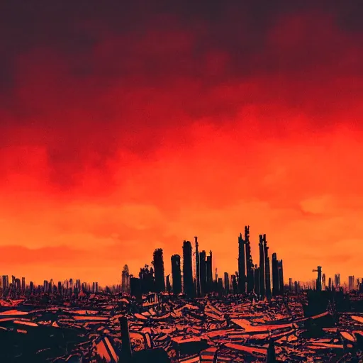 Image similar to a completely destroyed city with a red sky