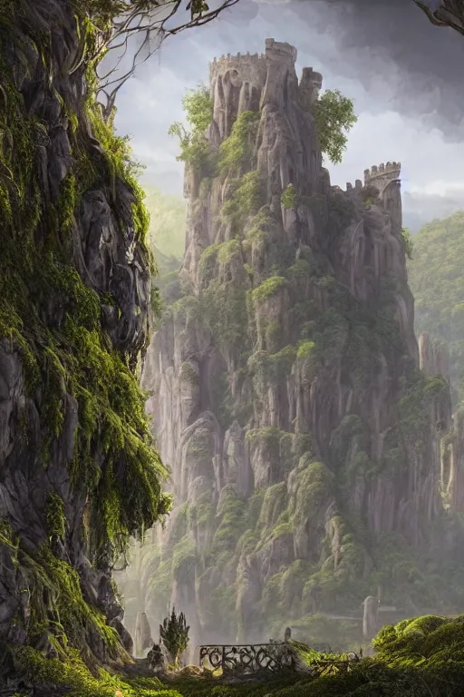 Image similar to gigantic castle, arches adorned pillars, towers, archways, gnarly trees, lush vegetation, forrest, landscape, raphael lacoste, eddie mendoza, alex ross, concept art, matte painting, highly detailed, rule of thirds, dynamic lighting, cinematic, detailed, denoised, centerd