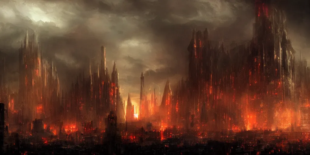 Image similar to thunderstorm looming over a sinister city, dark souls concept art, red glow, dramatic lighting, high detail, high-quality wallpaper, desktopography