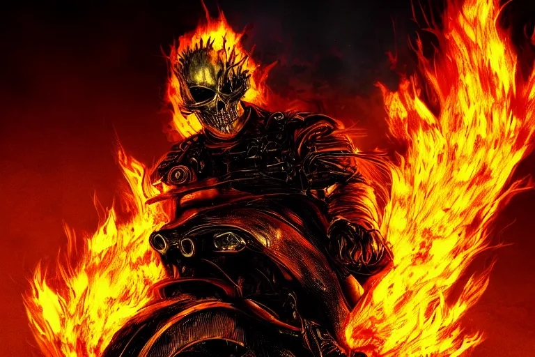 Prompt: Ghost Rider covered in flames, headshot photo, dark souls concept art, dramatic lighting, highly stylized, high-quality wallpaper, desktopography