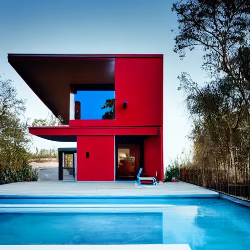 Prompt: red dog in a blue modern house