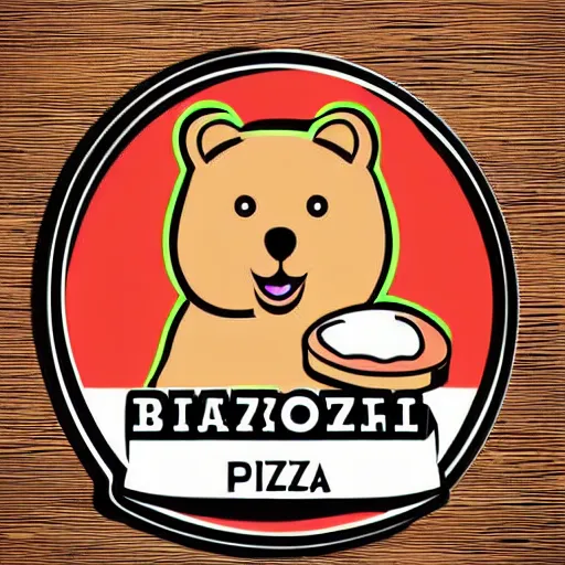 Prompt: holographic logo of a bear eating a pizza, etsy sticker, vector art,