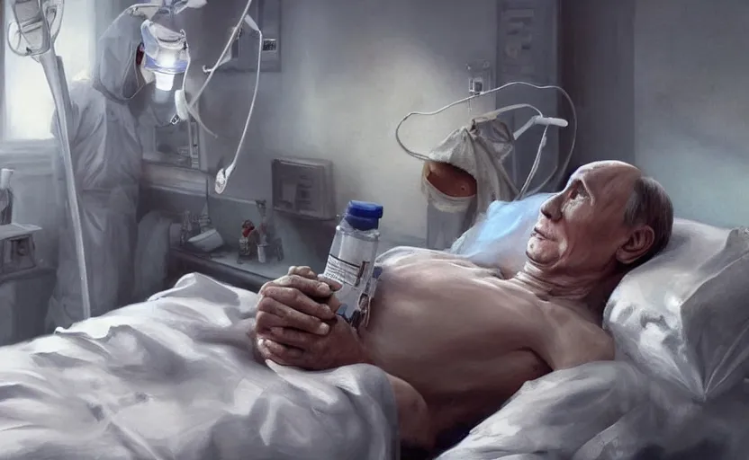 Prompt: hyperrealistic painting of very ill Vladimir Putin as a patient wearing an oxygen mask on a death bed inhaling from Copium tank that stand near his bed, artstation, matte painting, highly detailed, intricate, concept art, game art, octane render, 8k, unreal engine