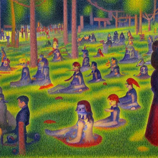 Image similar to world of warcraft, ashenvale, oil painting by seurat