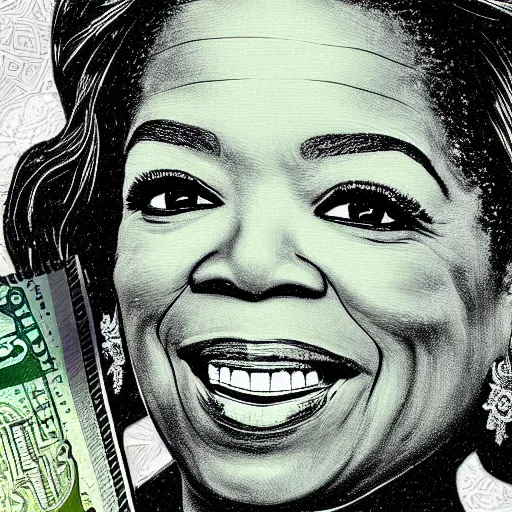 Prompt: an intricately detailed new dollar bill design featuring a portrait of Oprah Winfrey